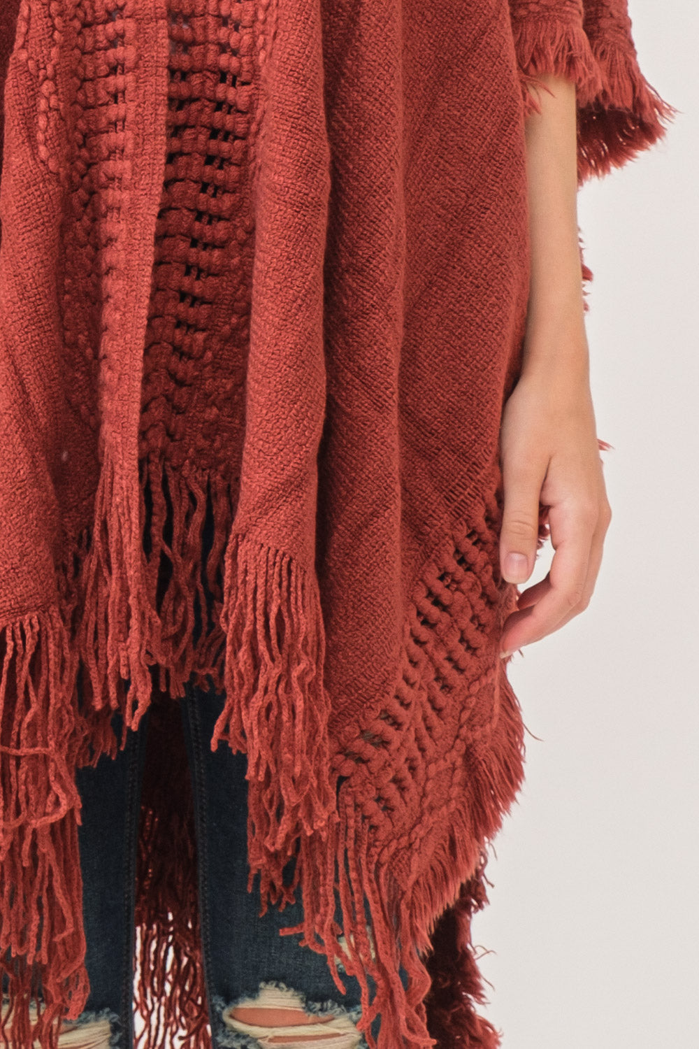 RAJ NELLIA CROCHET BORDER PONCHO RUANA RUST - quetzals