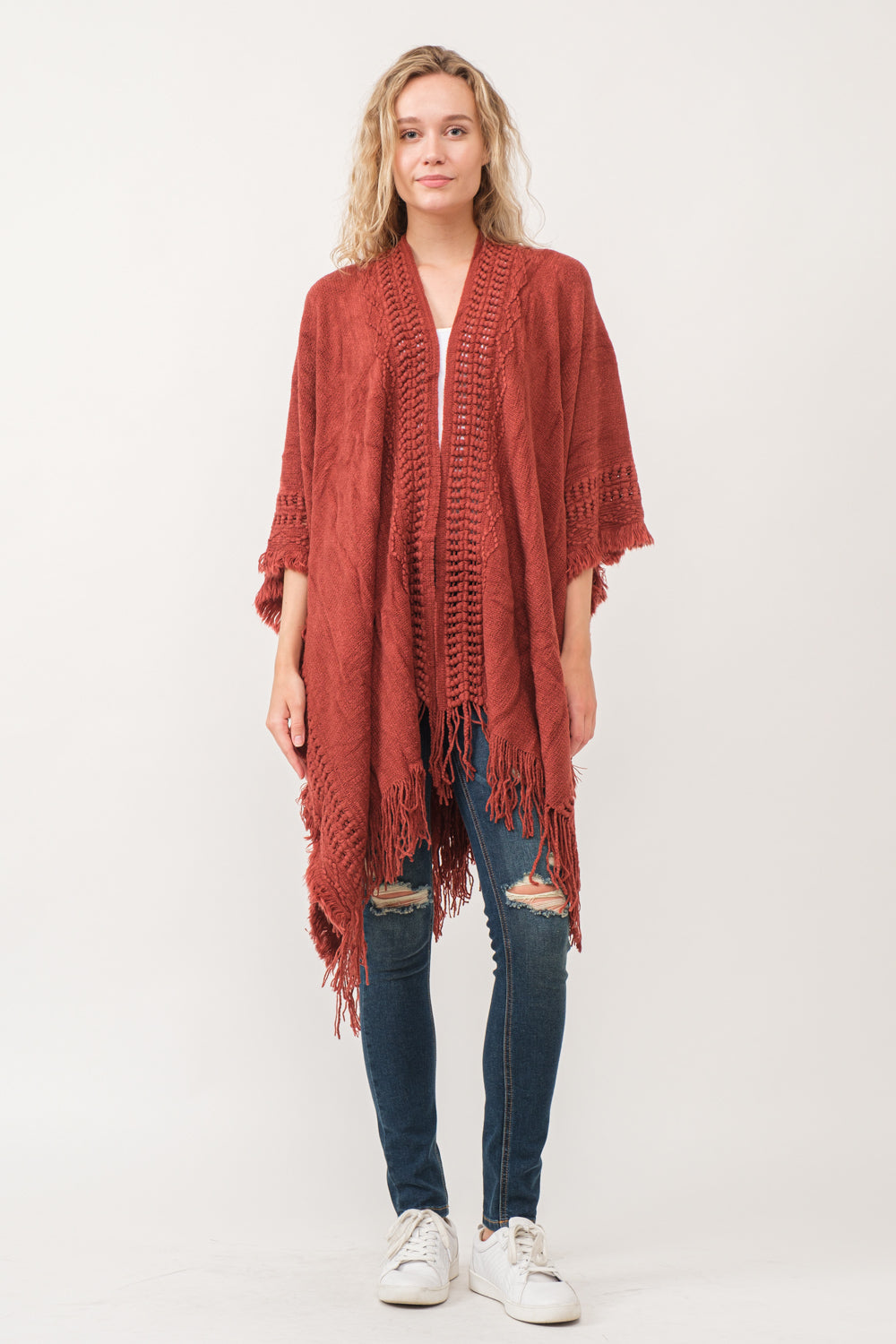 RAJ NELLIA CROCHET BORDER PONCHO RUANA RUST - quetzals