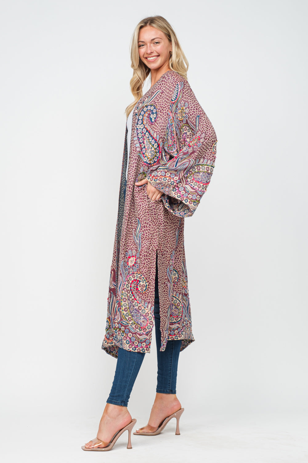 RAJ KYRA PLUM MULTI THICK STITCH EMBROIDERED DUSTER - quetzals