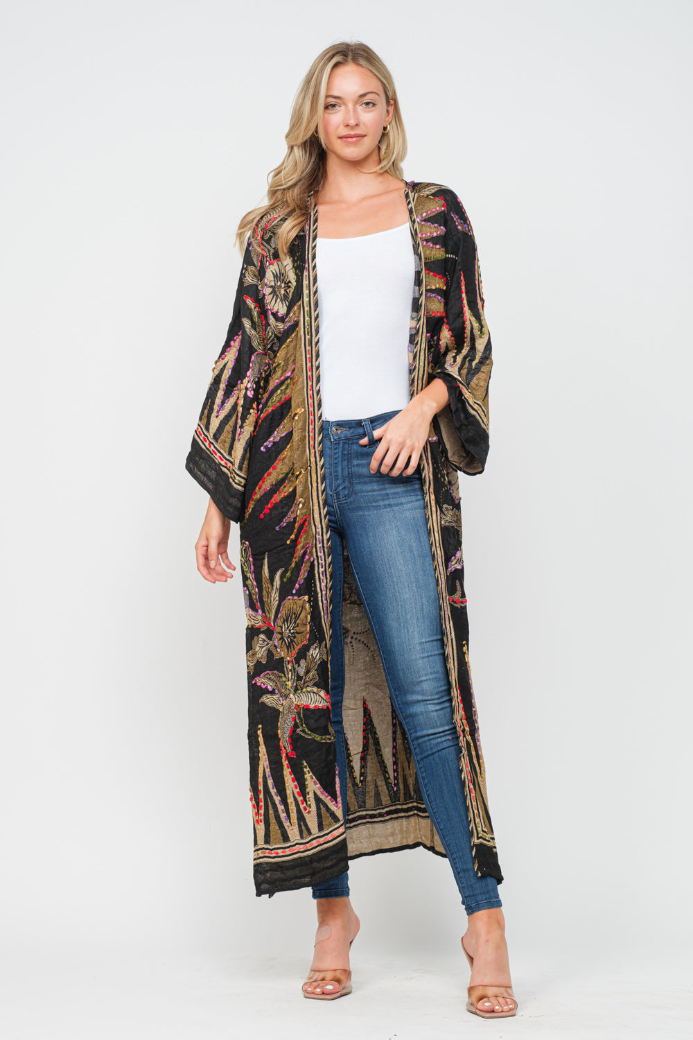 RAJ MARIA BLACK GOLD THICK STITCH EMBROIDERED DUSTER - quetzals