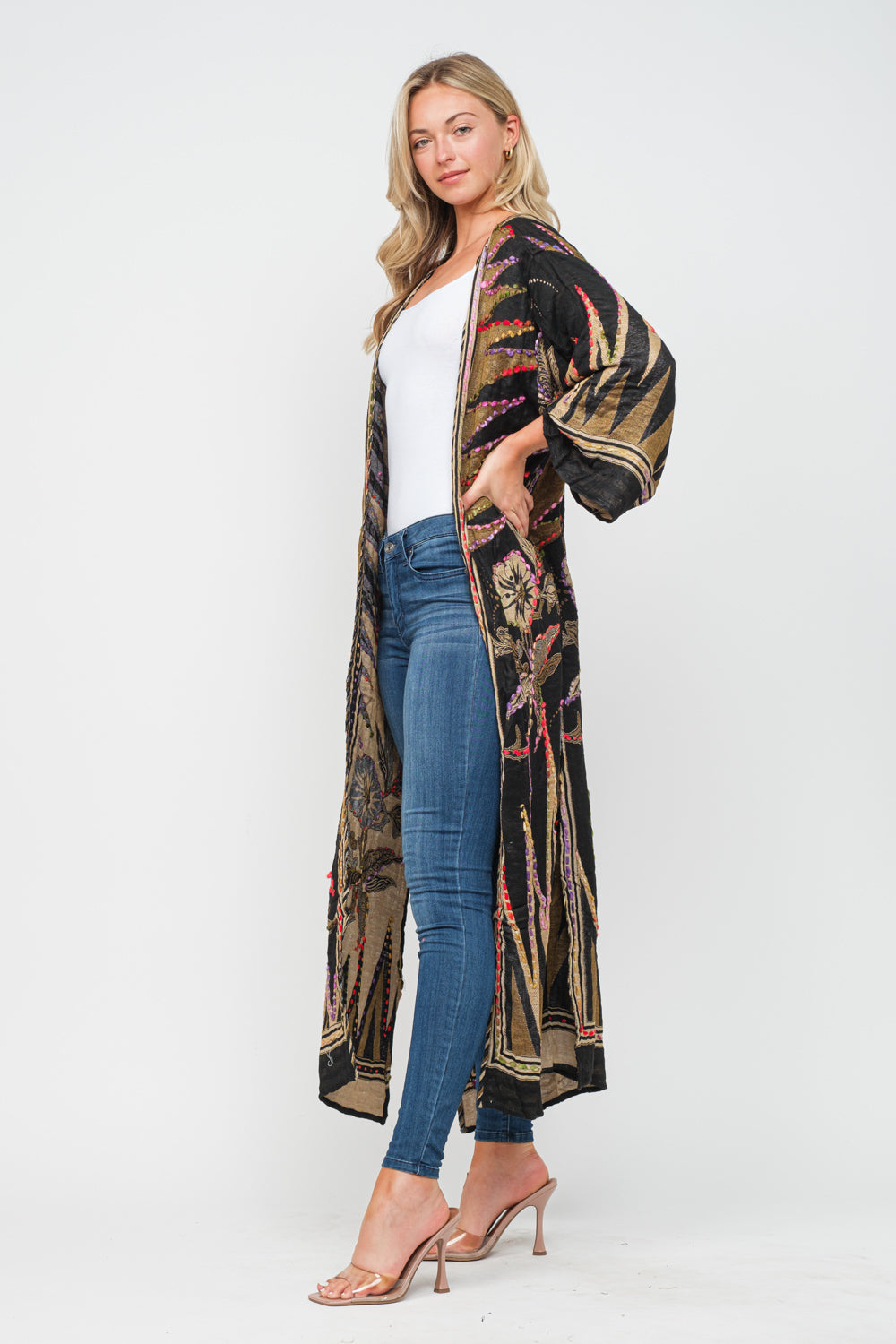 RAJ MARIA BLACK GOLD THICK STITCH EMBROIDERED DUSTER - quetzals