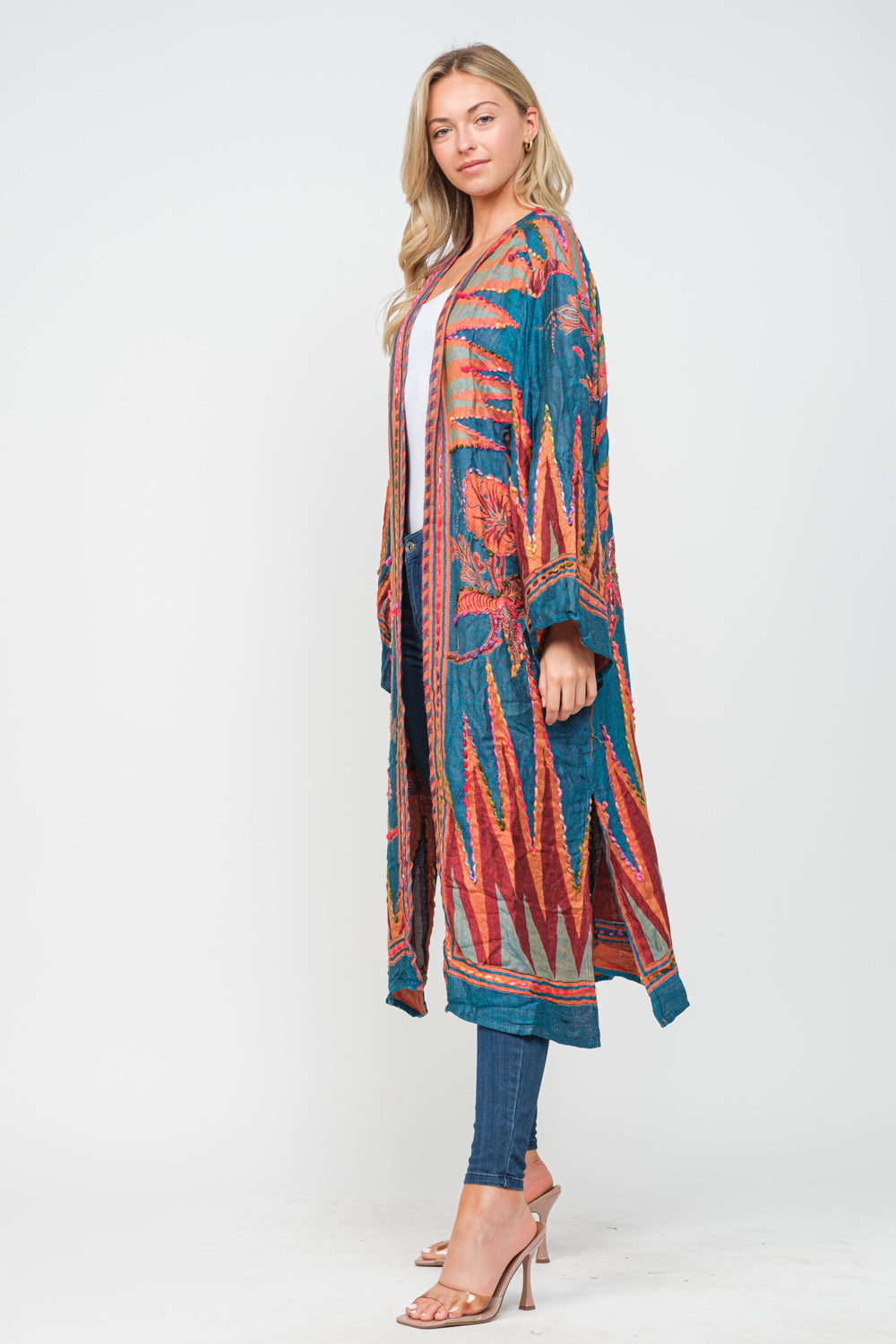 RAJ MARIA CERULEAN ORANGE THICK STITCH EMBROIDERED DUSTER - quetzals