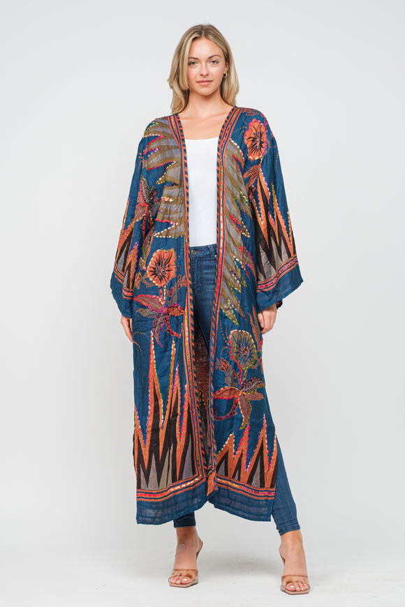 RAJ MARIA SAPPHIRE THICK STITCH EMBROIDERED DUSTER - quetzals