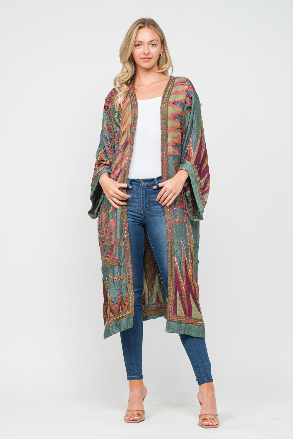 RAJ MARIA TEAL THICK STITCH EMBROIDERED DUSTER - quetzals