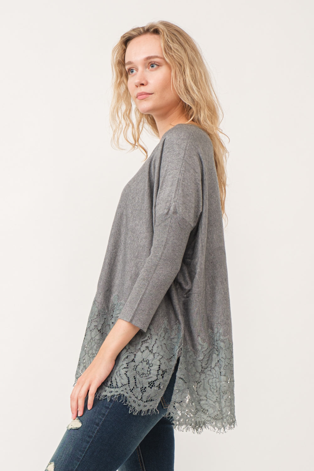 VALERIE CREWNECK DOLMAN SLEEVE TOP WITH LACE BORDER - quetzals