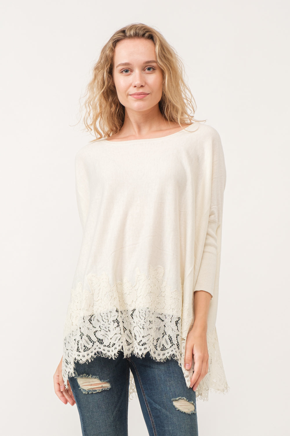 VALERIE CREWNECK DOLMAN SLEEVE TOP WITH LACE BORDER - quetzals