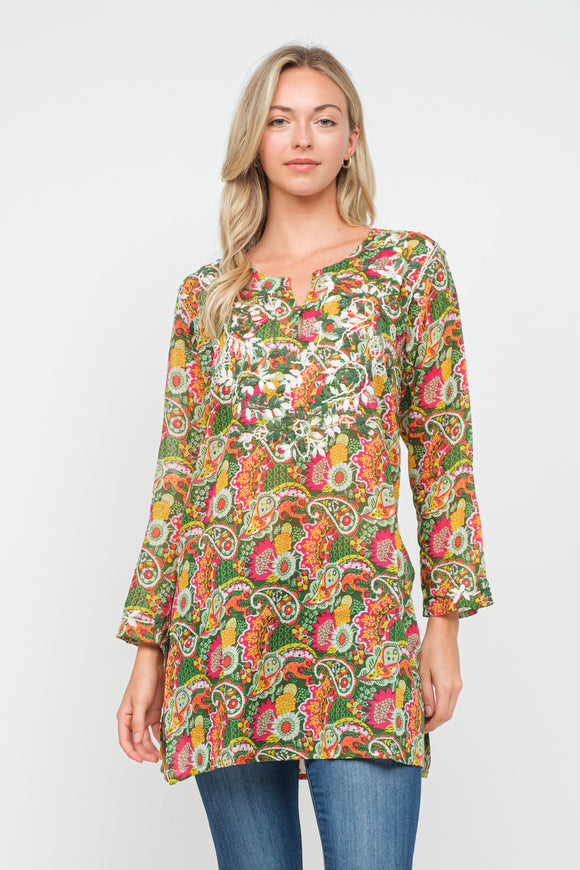 RAJ CINDY GREEN PRINTED EMBROIDERED TUNIC - quetzals