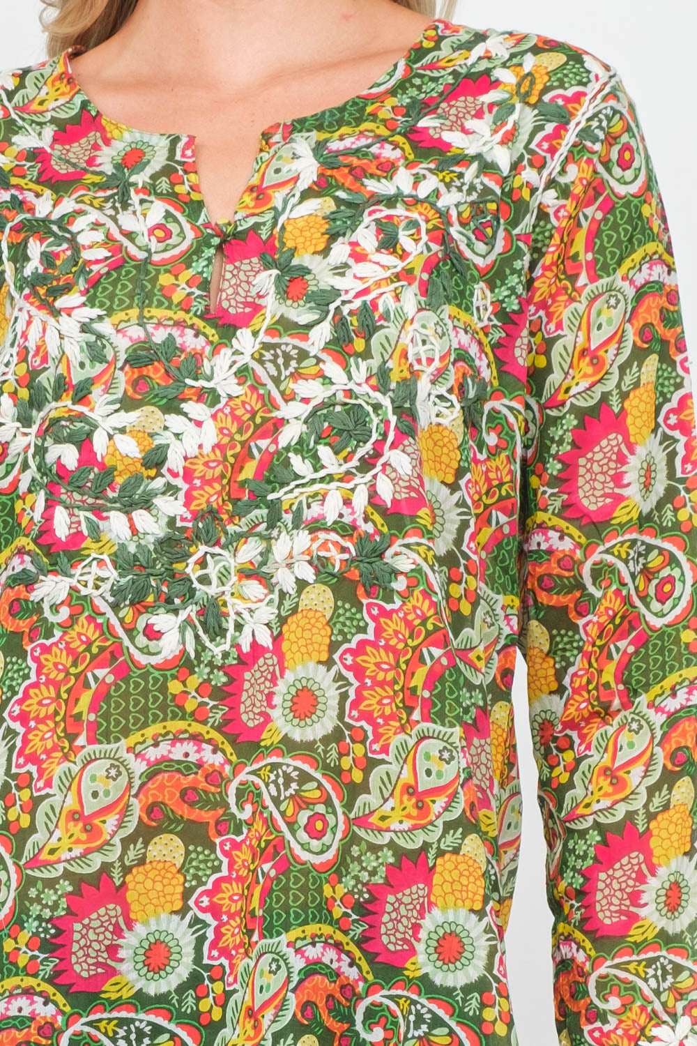 RAJ CINDY GREEN PRINTED EMBROIDERED TUNIC - quetzals