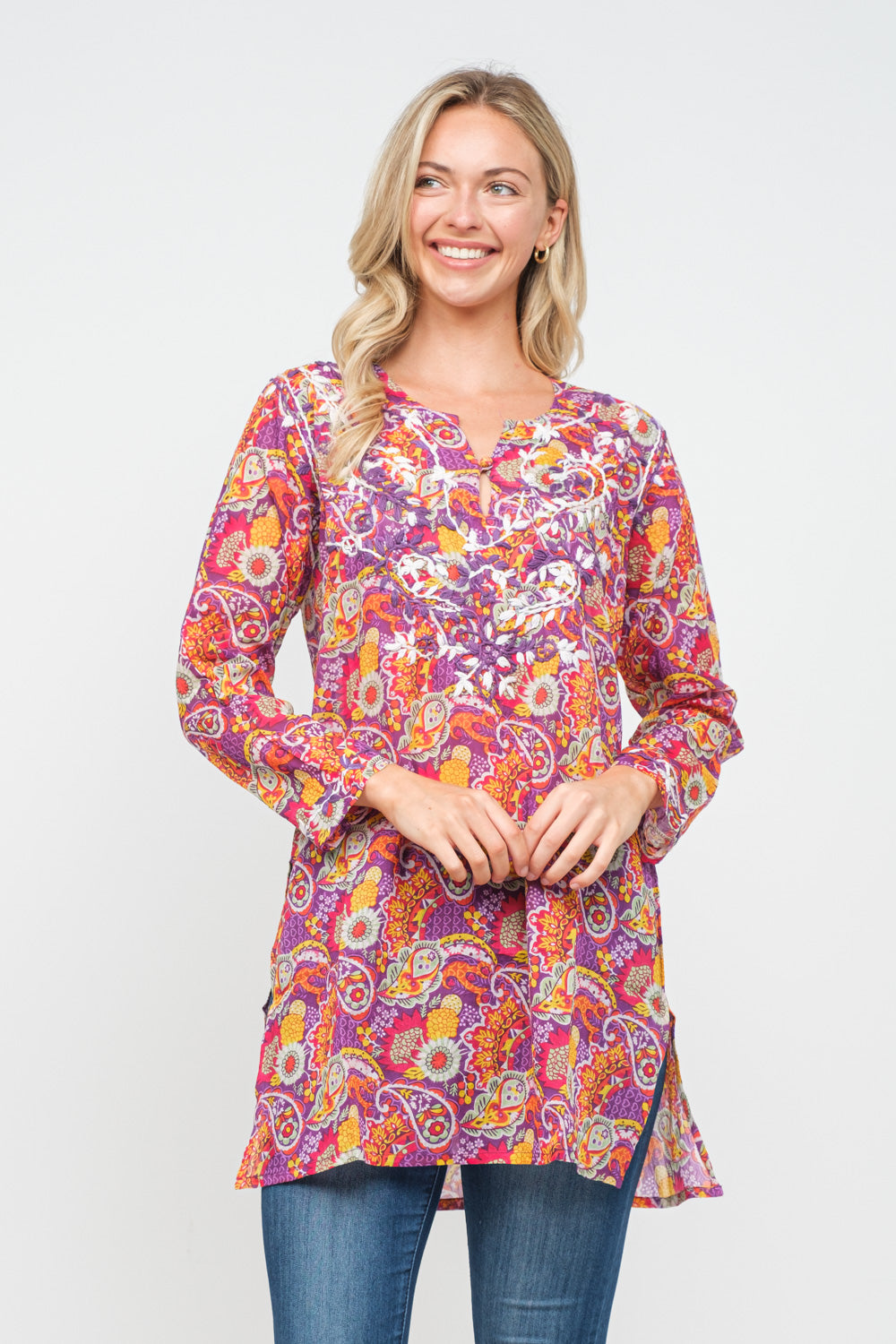 RAJ CINDY MAUVE PRINTED EMBROIDERED TUNIC - quetzals