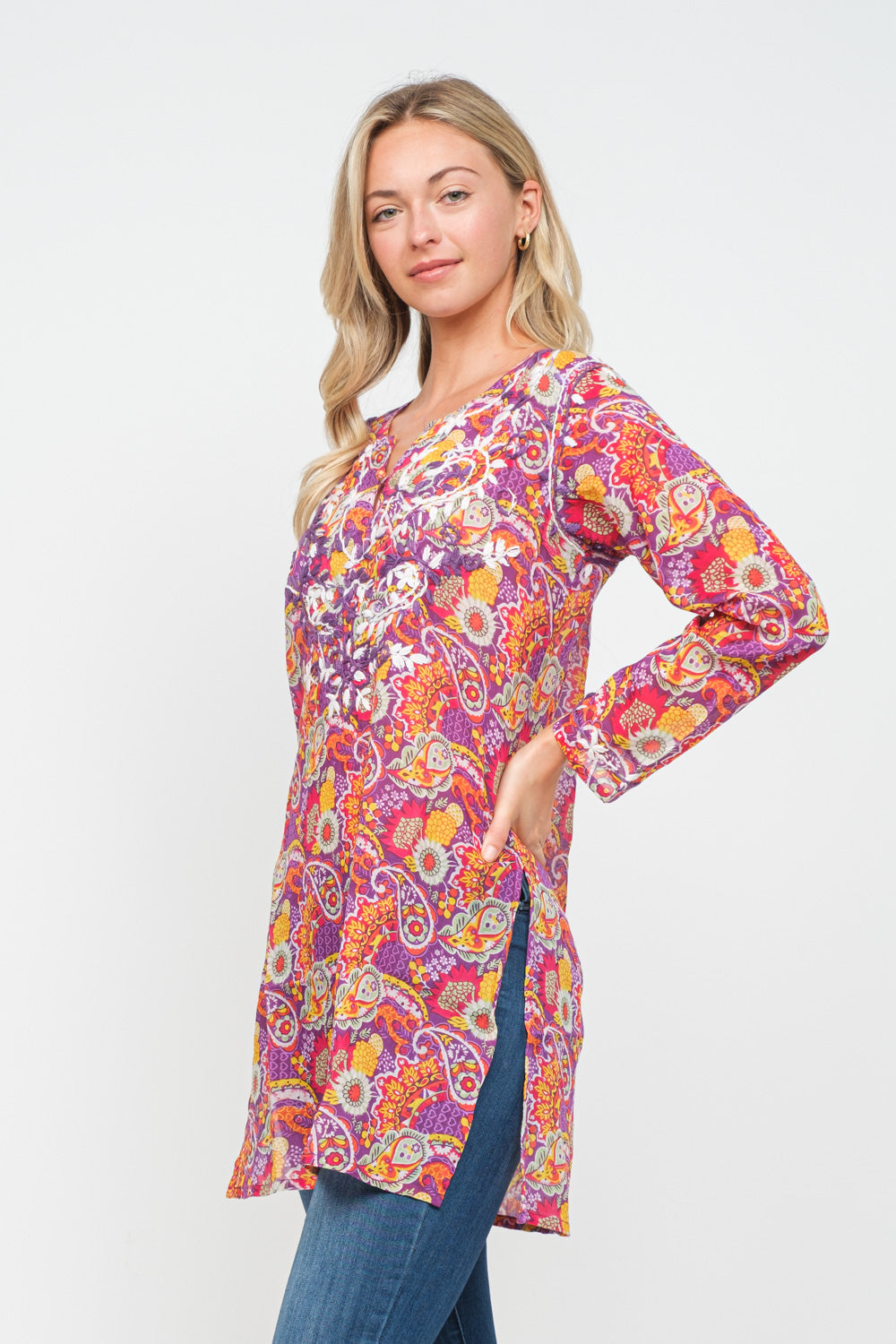 RAJ CINDY MAUVE PRINTED EMBROIDERED TUNIC - quetzals