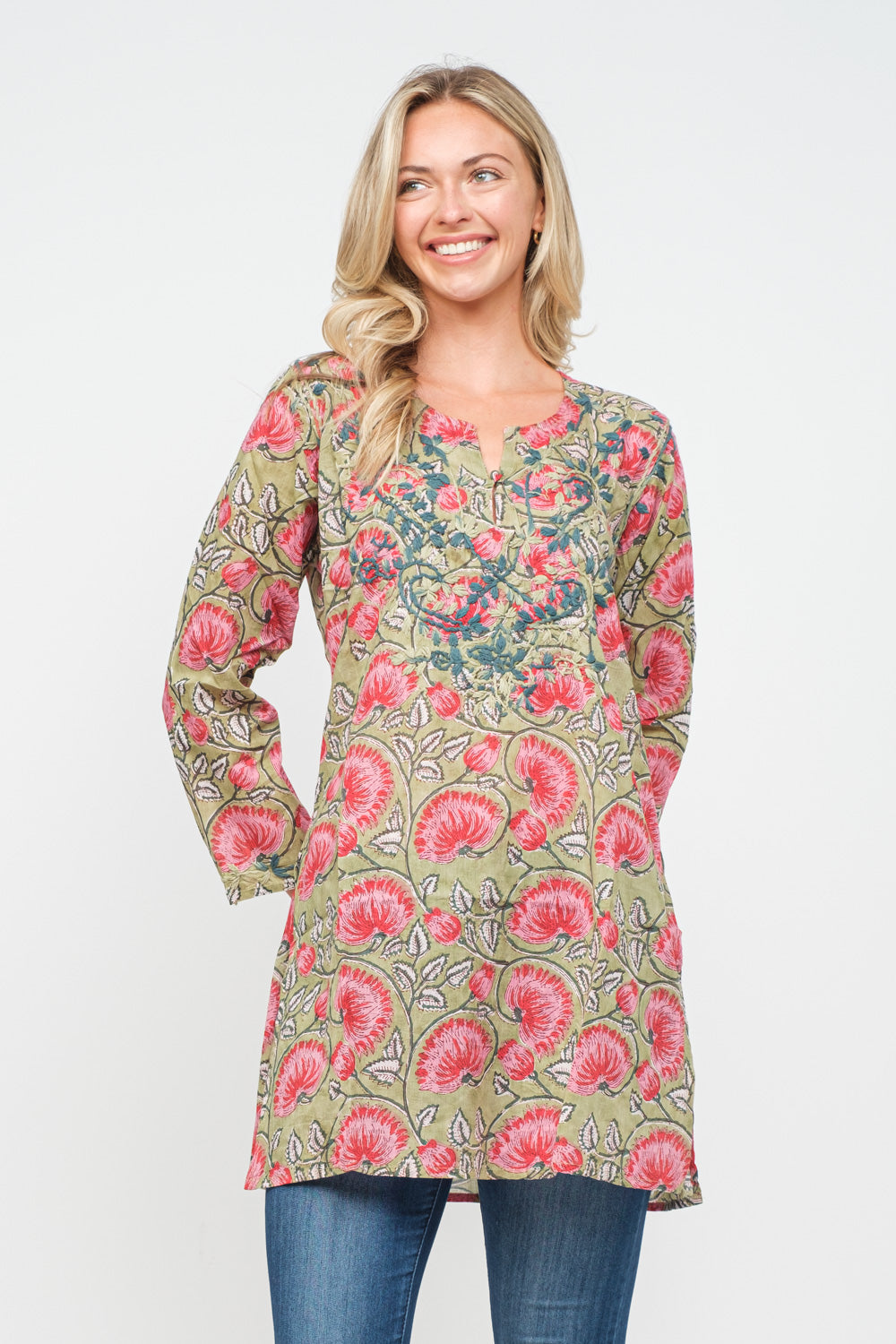 RAJ ERICA PRINTED EMBROIDERED TUNIC - quetzals