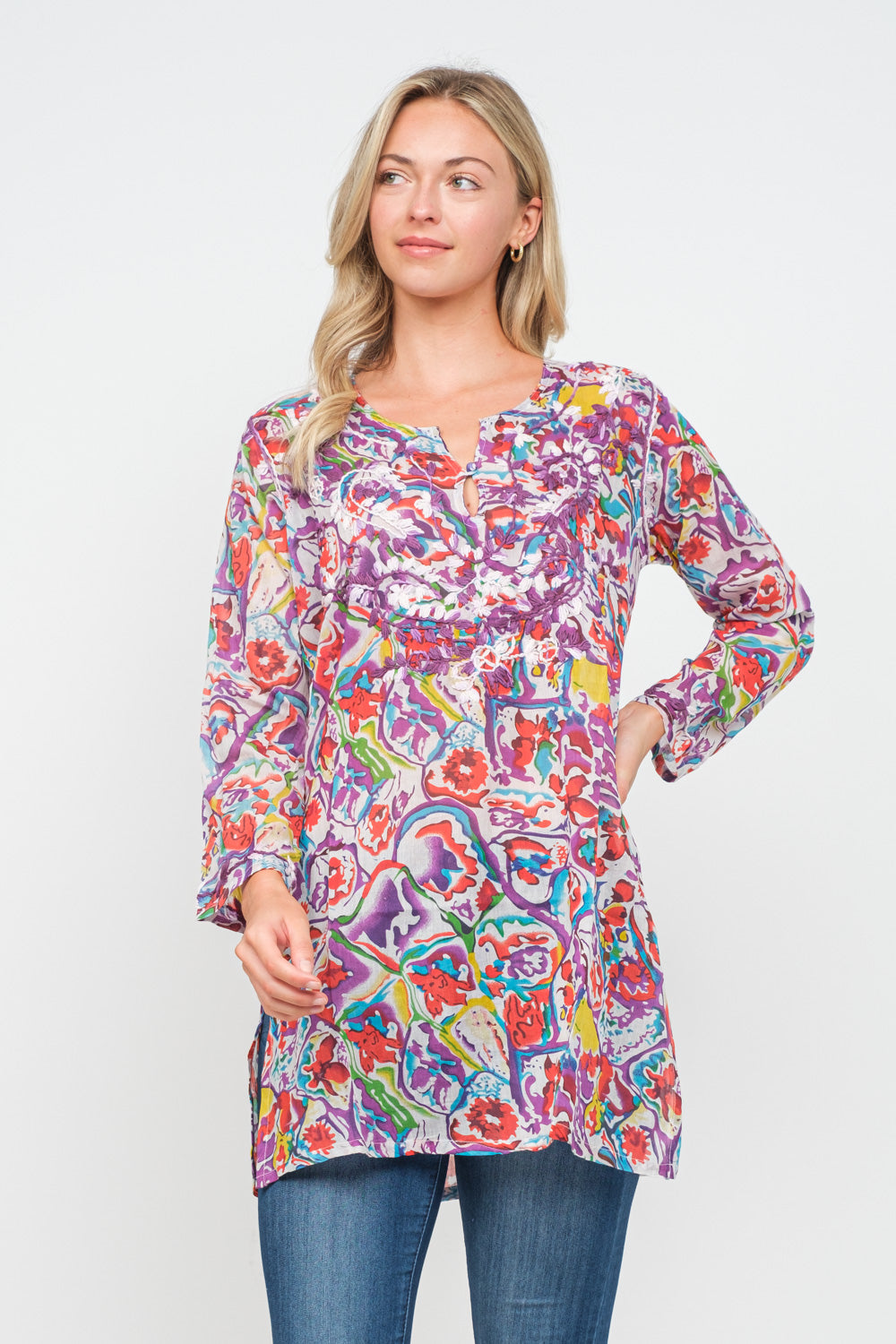 RAJ IRENE AMETHYST PRINTED EMBROIDERED TUNIC - quetzals