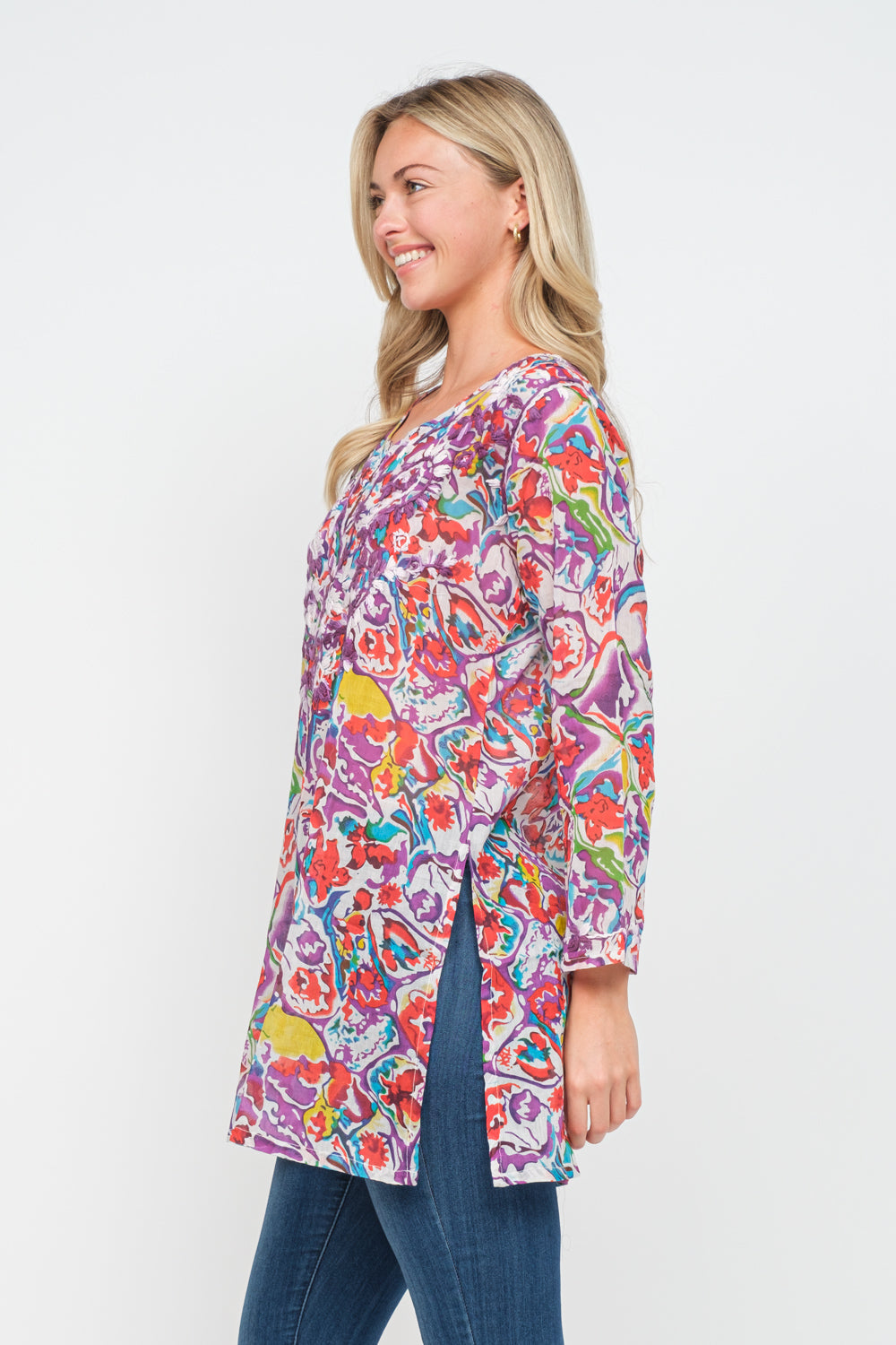 RAJ IRENE AMETHYST PRINTED EMBROIDERED TUNIC - quetzals