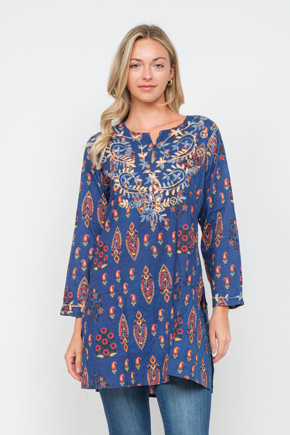 RAJ IRIS BLUE EMBROIDERED TUNIC - quetzals