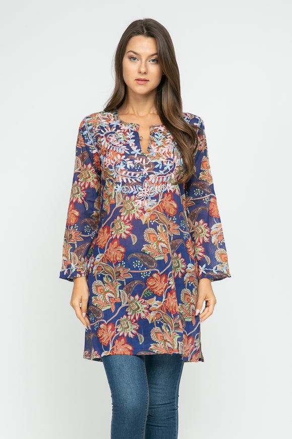 RAJ JANE COBALT PRINTED EMBROIERED TUNIC - quetzals