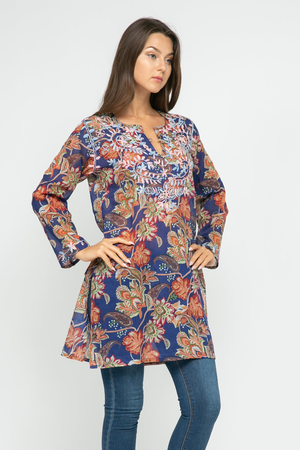 RAJ JANE COBALT PRINTED EMBROIERED TUNIC - quetzals