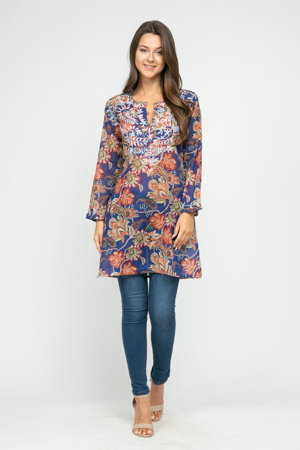 RAJ JANE COBALT PRINTED EMBROIERED TUNIC - quetzals