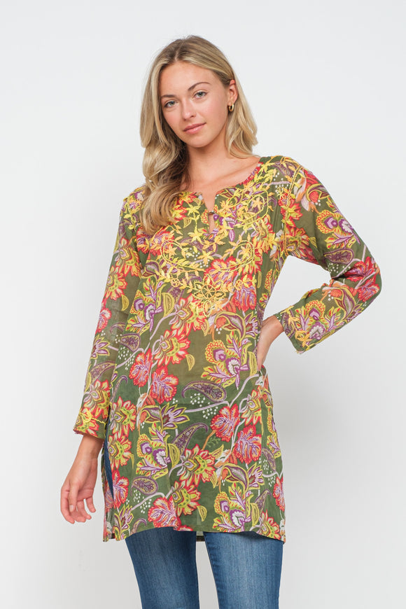 RAJ JANE OLIVE/MULTI PRINTED EMBROIDERED TUNIC - quetzals