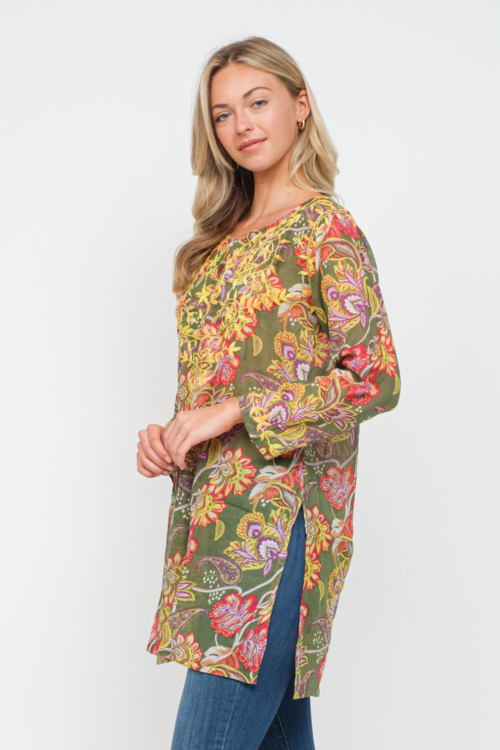 RAJ JANE OLIVE/MULTI PRINTED EMBROIDERED TUNIC - quetzals