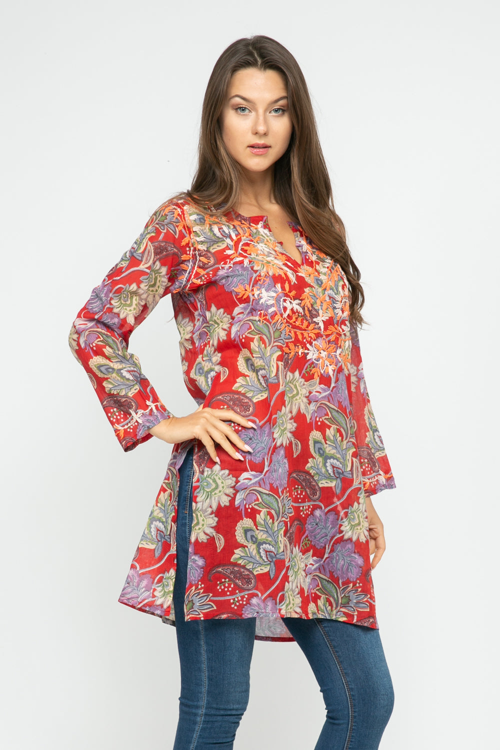 RAJ JANE RED/MULTI PRINTED EMBROIDERED TUNIC - quetzals