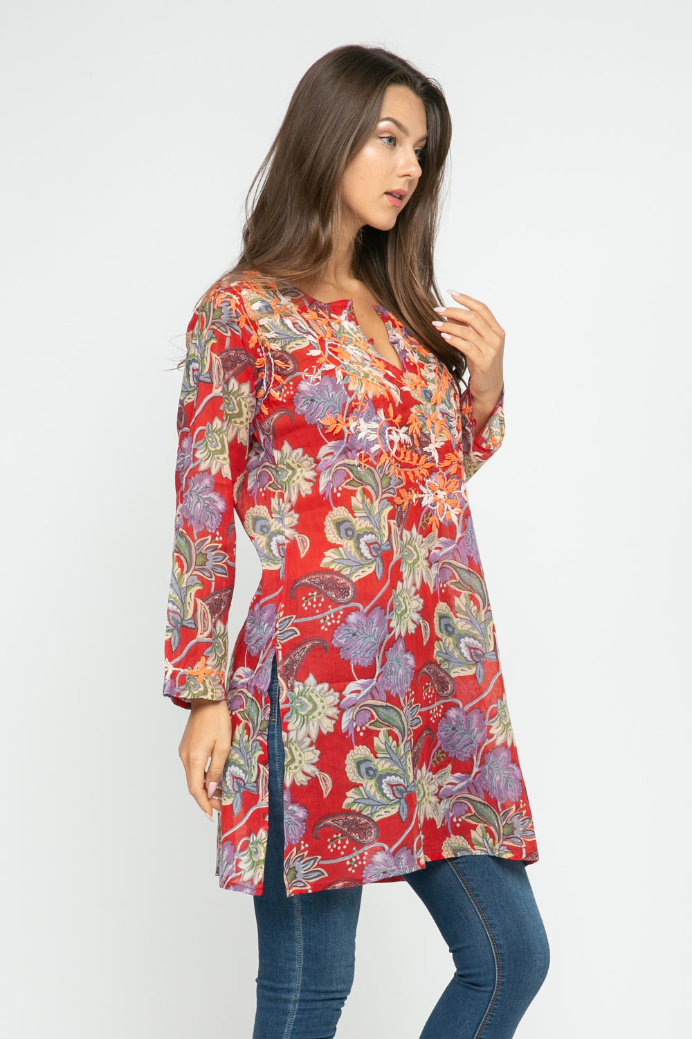 RAJ JANE RED/MULTI PRINTED EMBROIDERED TUNIC - quetzals