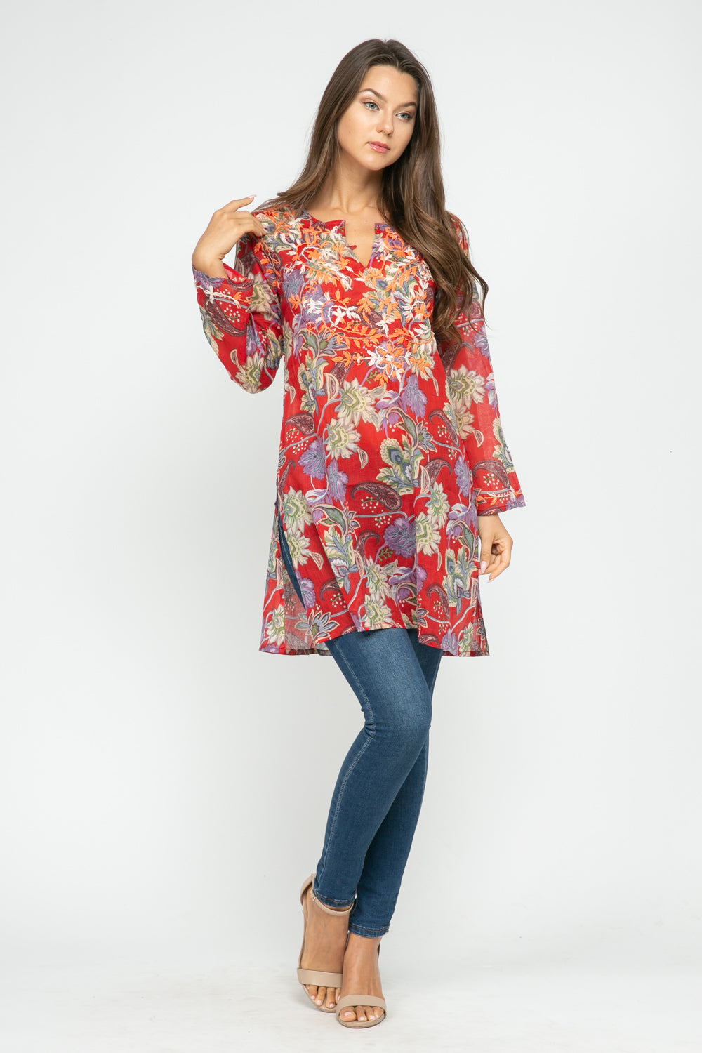 RAJ JANE RED/MULTI PRINTED EMBROIDERED TUNIC - quetzals