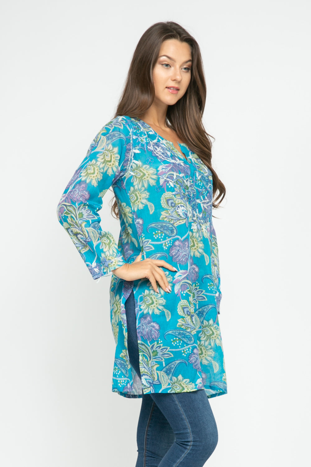 RAJ JANE TURQUOISE/MULTI PRINTED EMBROIDERED TUNIC - quetzals