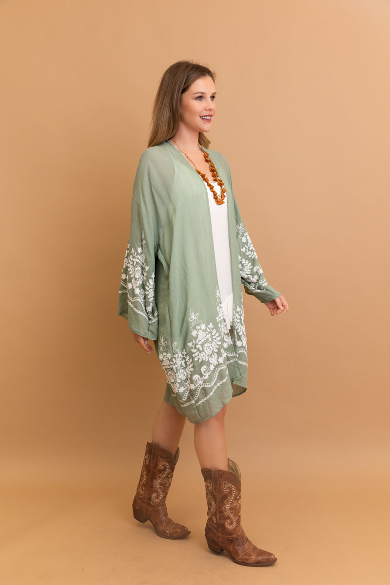 Open-front lightweight sage floral vine kimono for layering.