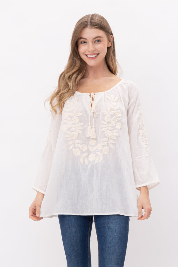 Norah Embroidered Tassel Top - Rajimports - Women's Clothing