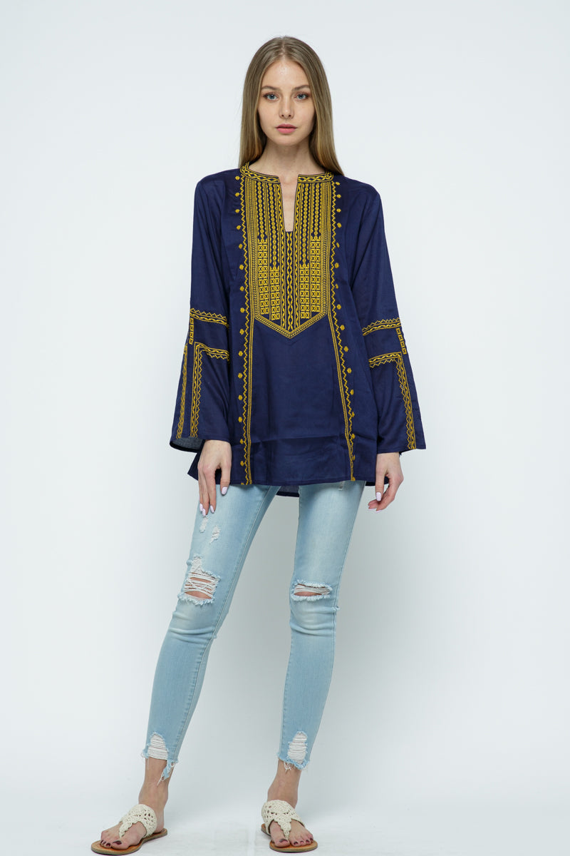 RAJ ALI EMBROIDERED TUNIC - NAVY & GOLD - quetzals