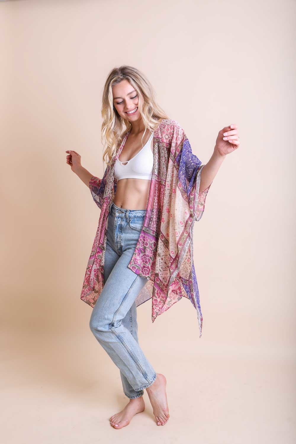 Bohemian Burnout Velvet Kimono Ponchos Silver/Fuchsia