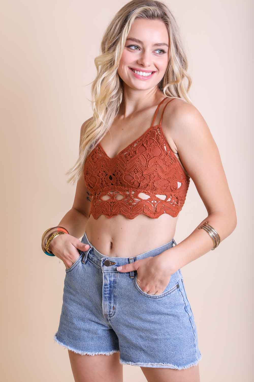 Cotton Crochet Longline Bralette Small / Rust