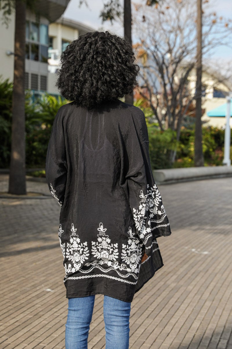 Versatile embroidered floral vine black kimono for women.