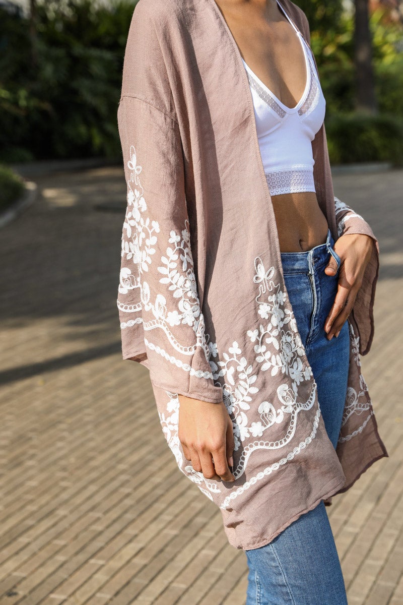 Open-front mocha floral vine kimono for casual and formal outfits.