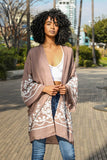 Sophisticated mocha floral vine kimono wrap with detailed design.