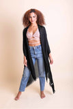 Frayed Trim Kimono Ponchos Black