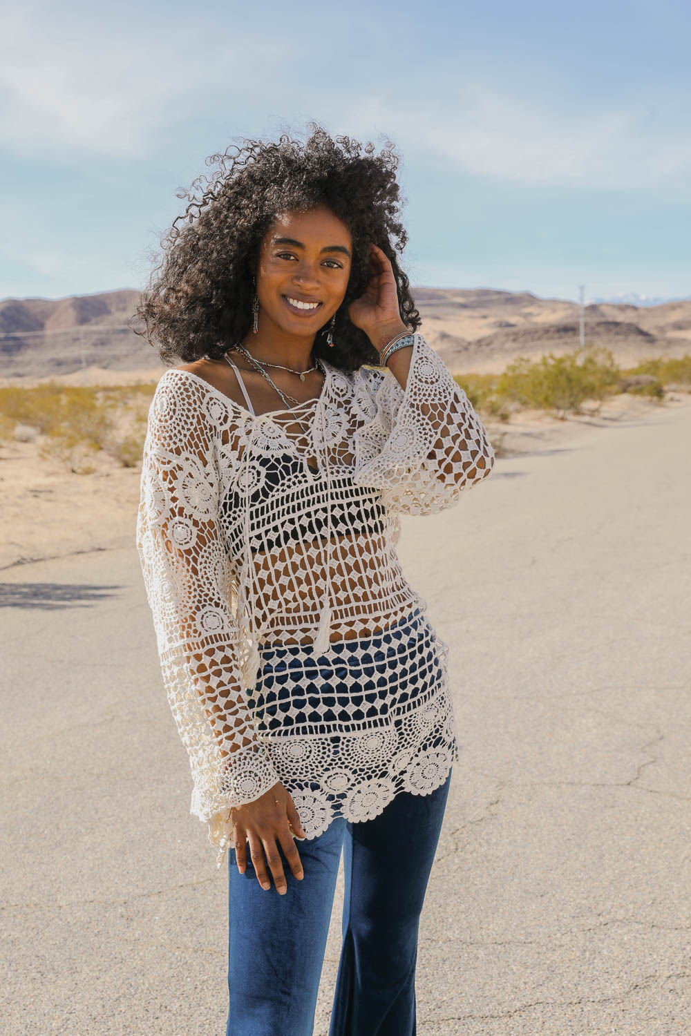 Coachella Ready Lace-Up Crochet Tunic Kimono Ivory