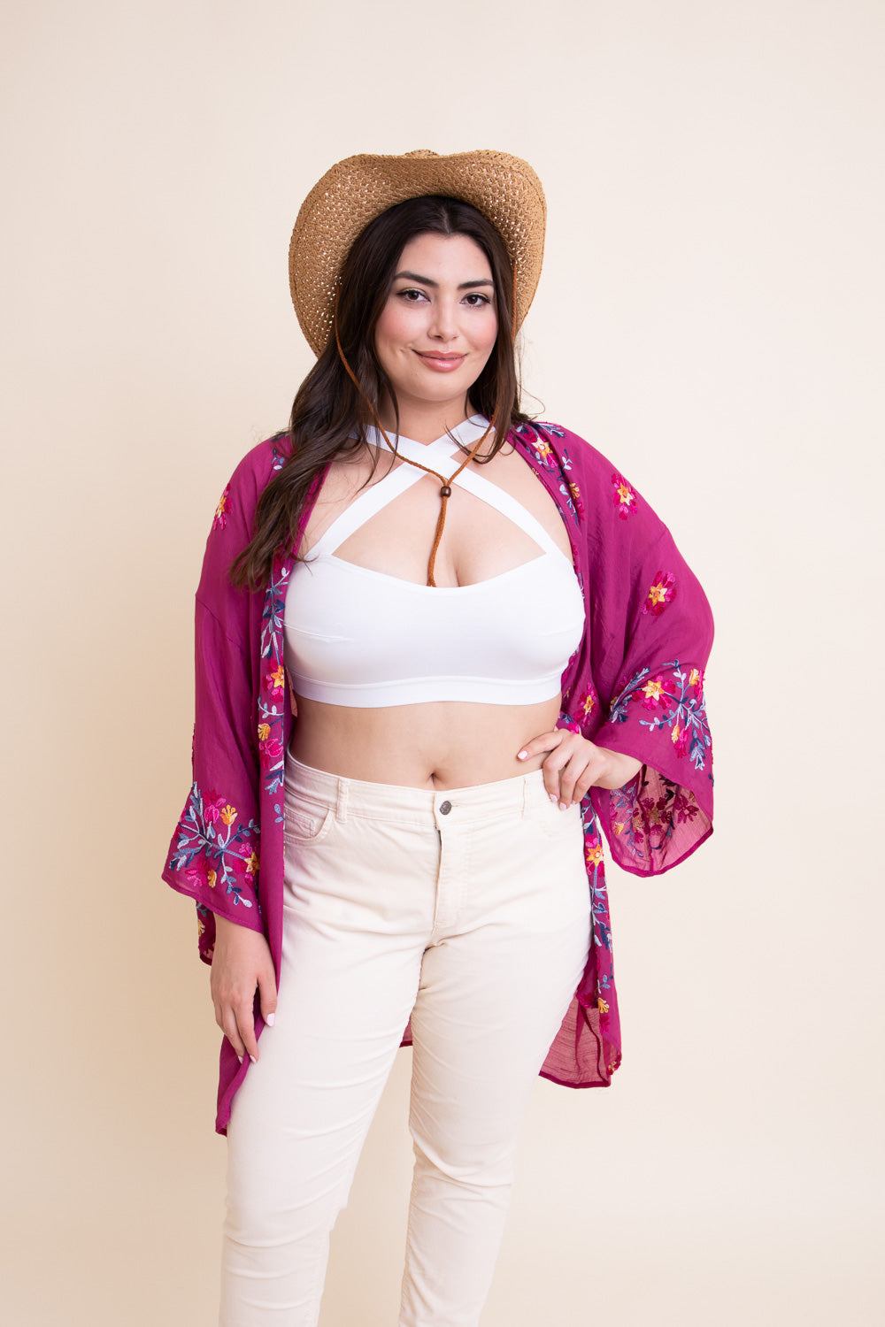 Lightweight and comfortable floral fuchsia kimono for layering.