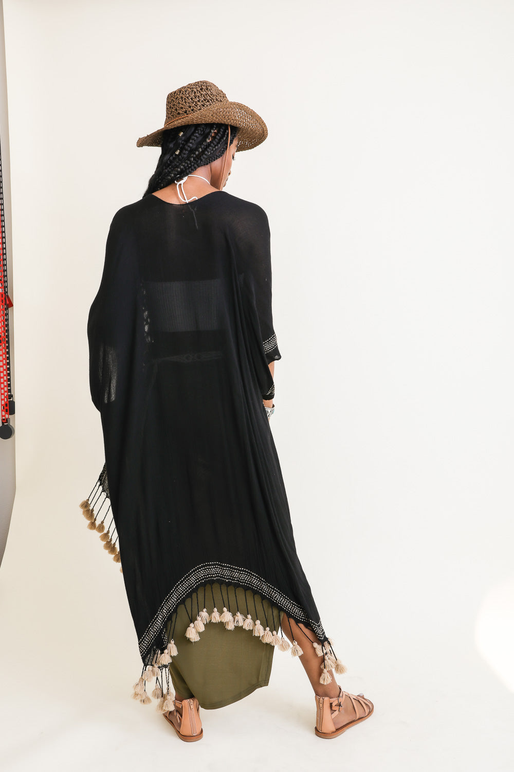 Stylish lightweight tassel edge longline black kimono, perfect for everyday wear.