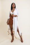 Longline white tassel border kimono, a lightweight and stylish layering piece.