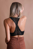 Lightweight black lace racerback bralette with seamless and stylish design.