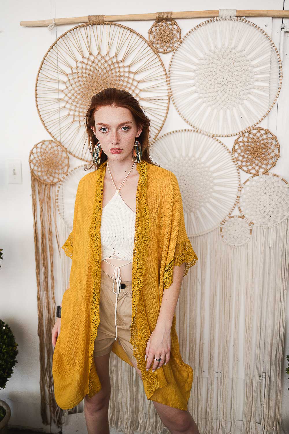 Sunshine Lace Trim Kimono Mustard